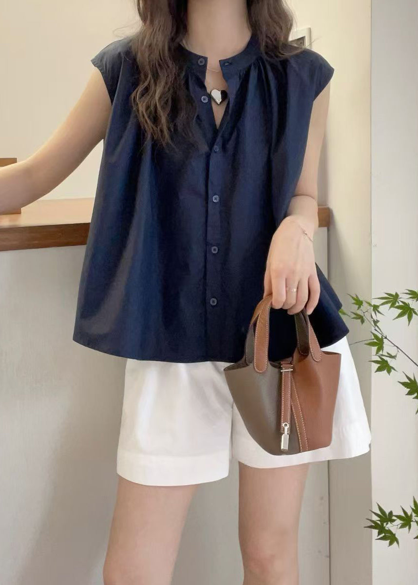 Red O Neck Button Cotton Blouses Sleeveless