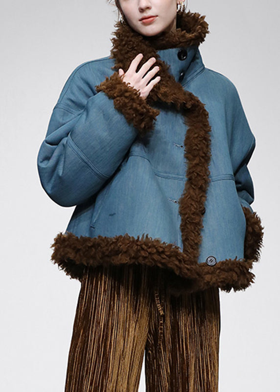 Organic Denim Blue Stand Collar Wear on Both Sides Warm Faux Fur Coats Winter