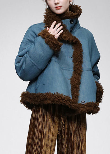 Organic Denim Blue Stand Collar Wear on Both Sides Warm Faux Fur Coats Winter