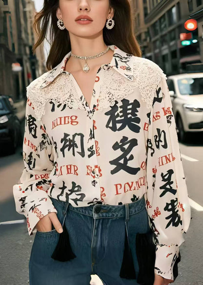 Apricot Print Patchwork Lace Shirt Top Spring