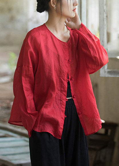Red Loose Linen Shirts O-neck Button Down Fall