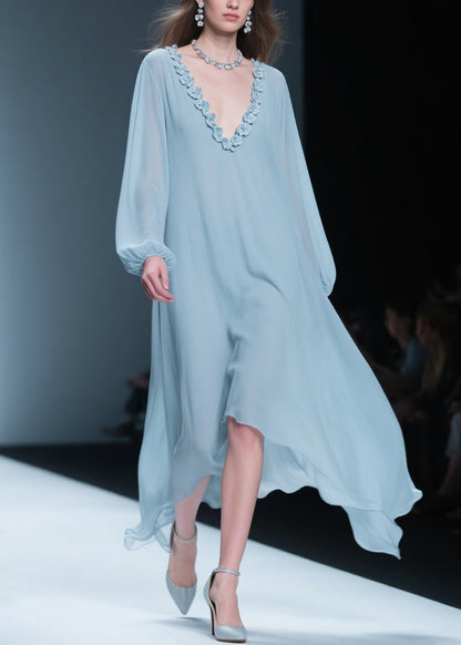 Blue V Neck Chiffon Long Dresses