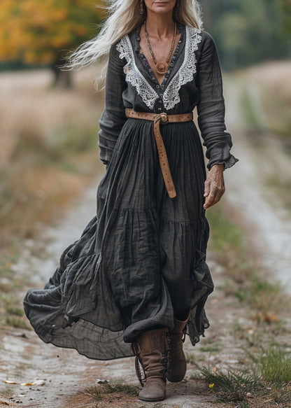 V Neck Lace Patchwork Cotton Long Sleeve Maxi Dress
