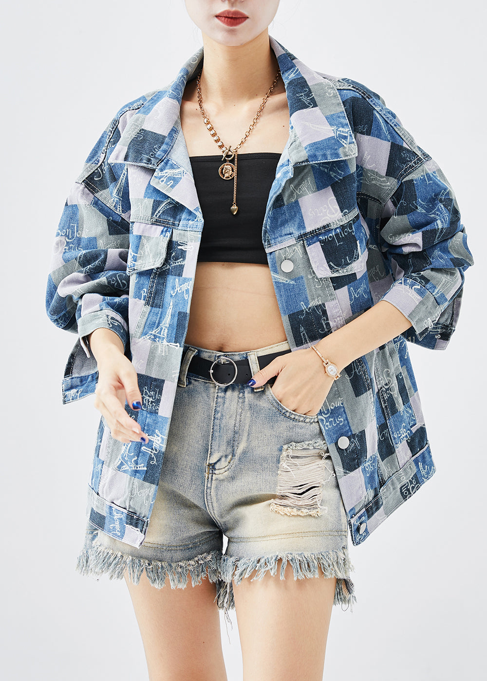Colorblock Oversized Plaid Denim Coats Fall