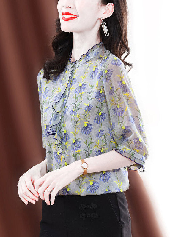 O-neck Ruffled Print Silk Shirts Half Sleeve