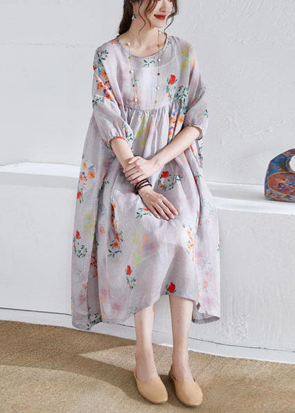 Grey Lantern Sleeve Patchwork Print Summer Ramie Party Dress Half Sleeve