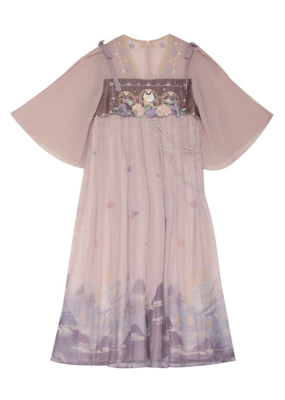 Pink Embroideried Wrinkled Patchwork Chiffon Dress Half Sleeve