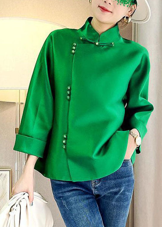 Chinese Style Green Button Stand Collar Silk Top Long Sleeve