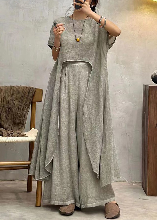 Art Grey Asymmetrical Patchwork Cotton Top Short Sleeve