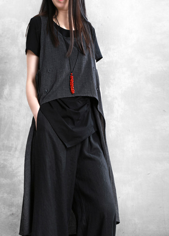 Dark Grey O-neck Asymmetrical Button Linen Waistcoat Sleeveless