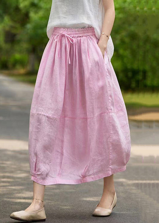 Pink Pockets Elastic Waist Linen Skirt Summer
