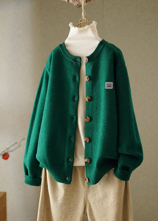 Boutique Green O-neck Embroideried Button Knitted Cotton Thread Cardigans Fall