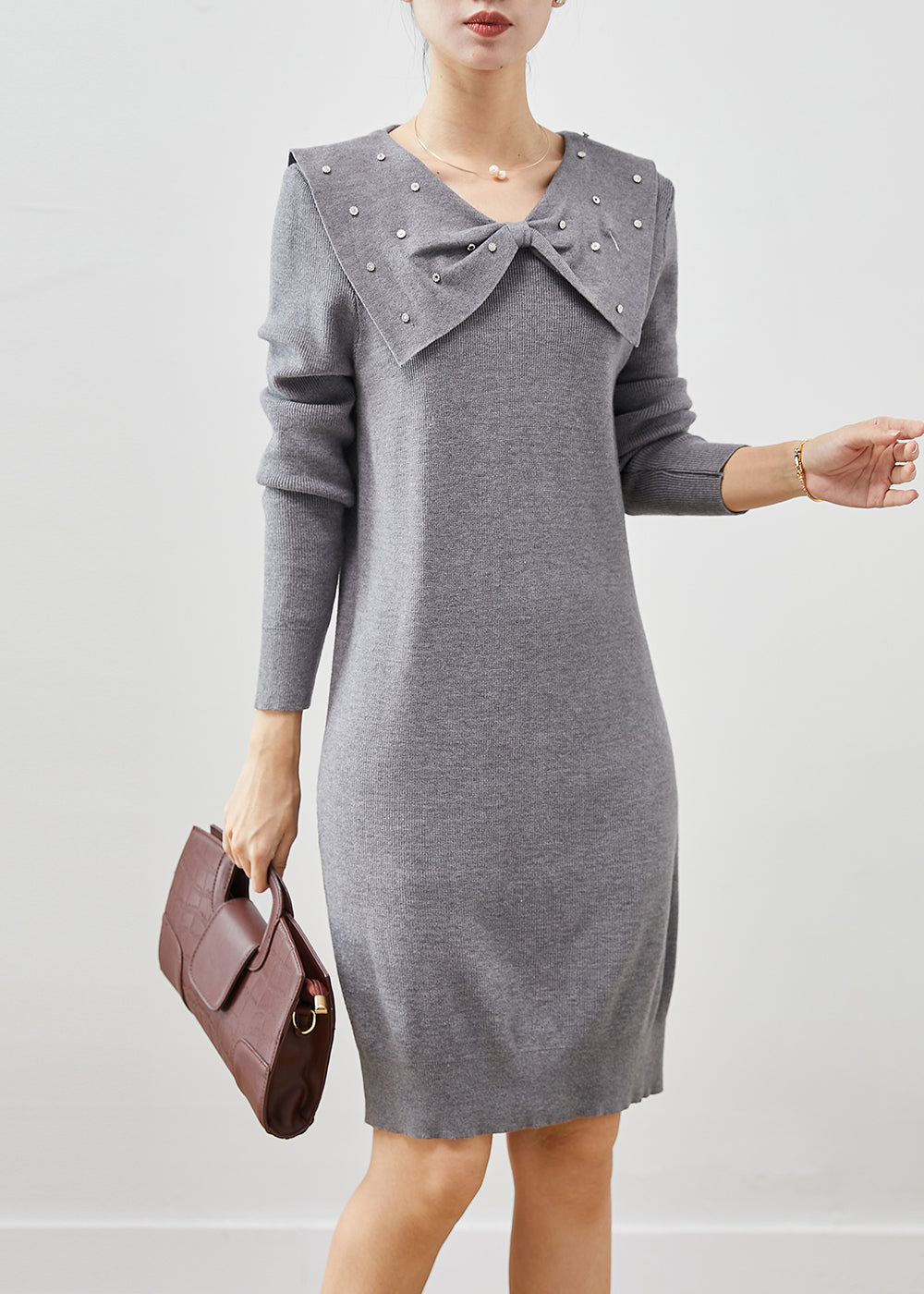 Grey Butterfly Collar Silm Fit Knit Sweater Dress Spring