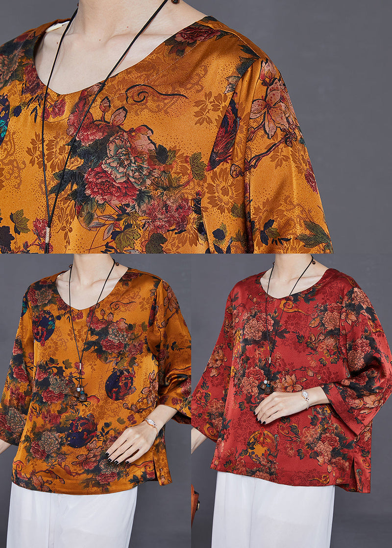 Orange Oversized Print Silk Top Bracelet Sleeve