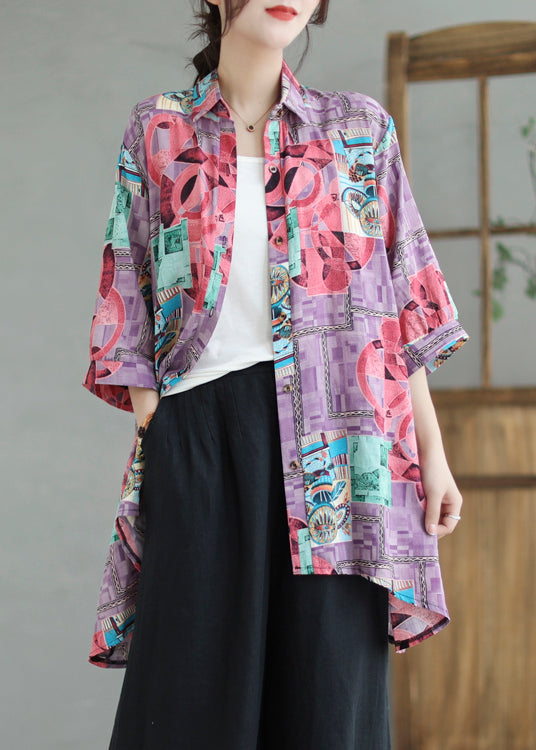 Purple Print Low High Design Linen Long Shirts Summer