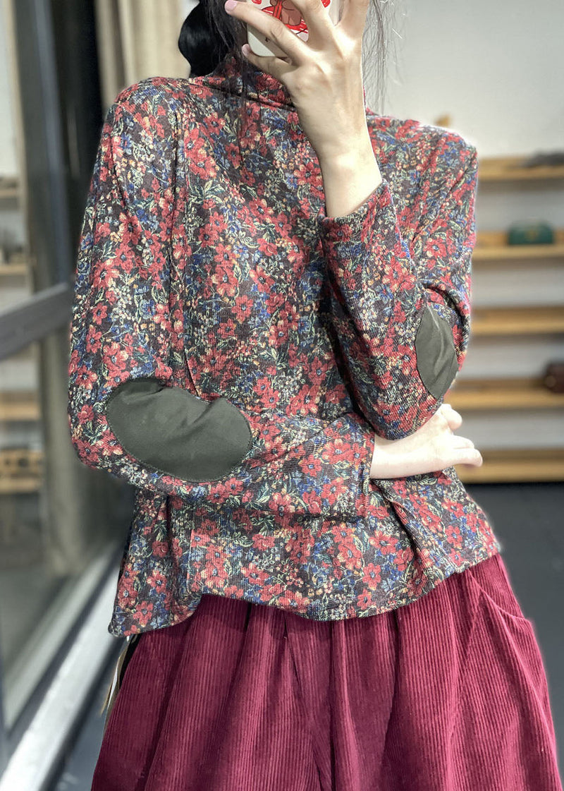 Yellow Turtle Neck Patchwork Print Cotton Top Fall
