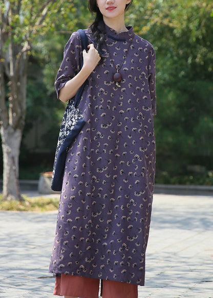French Purple Button Print Patchwork Cotton Dress Summer