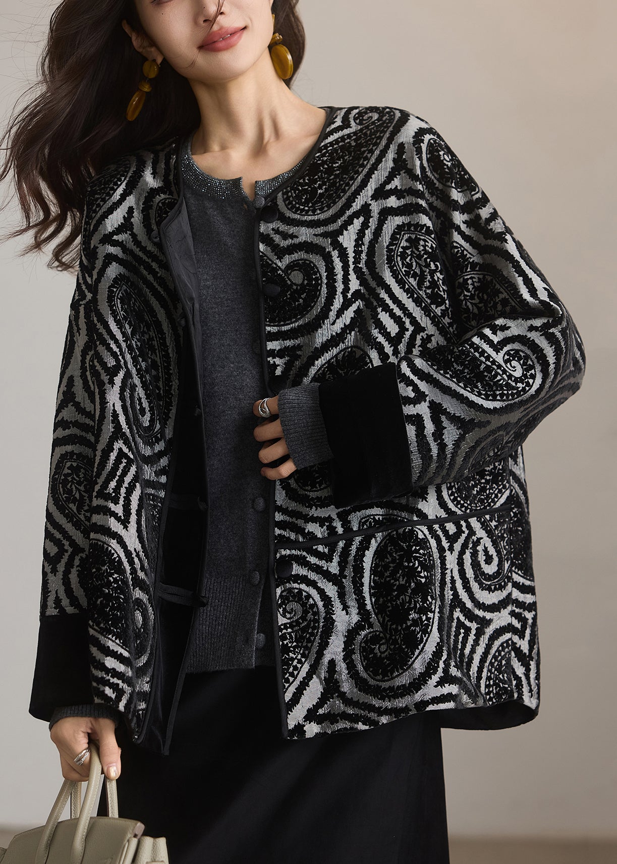 New Grey O Neck Print Button Cotton Coat Outwear Spring