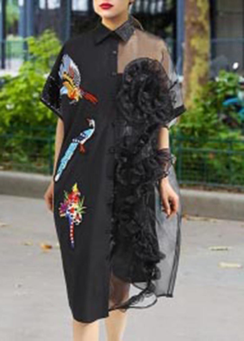 Summer Woman Black Mesh Chiffon Shirt Dresses