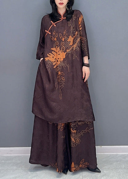 Brown Stand Collar Print Patchwork Silk Two Piece Set Outfits Fall
