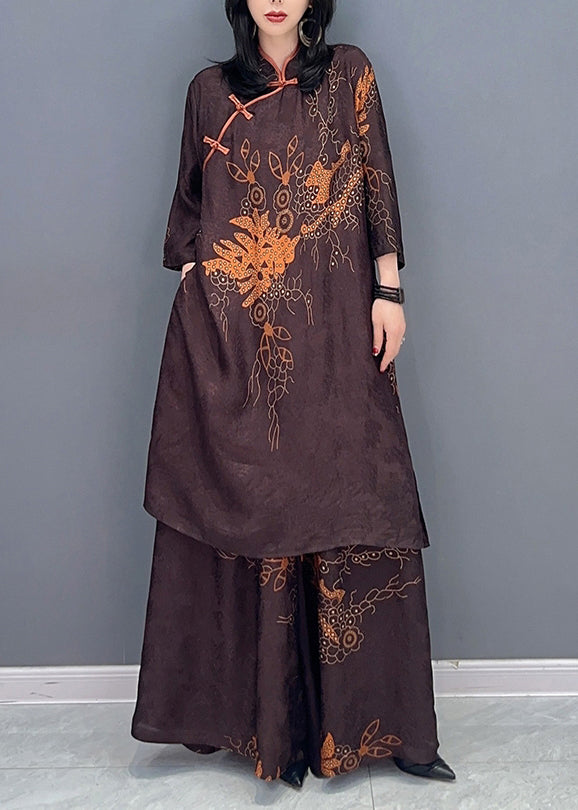 Brown Stand Collar Print Patchwork Silk Two Piece Set Outfits Fall