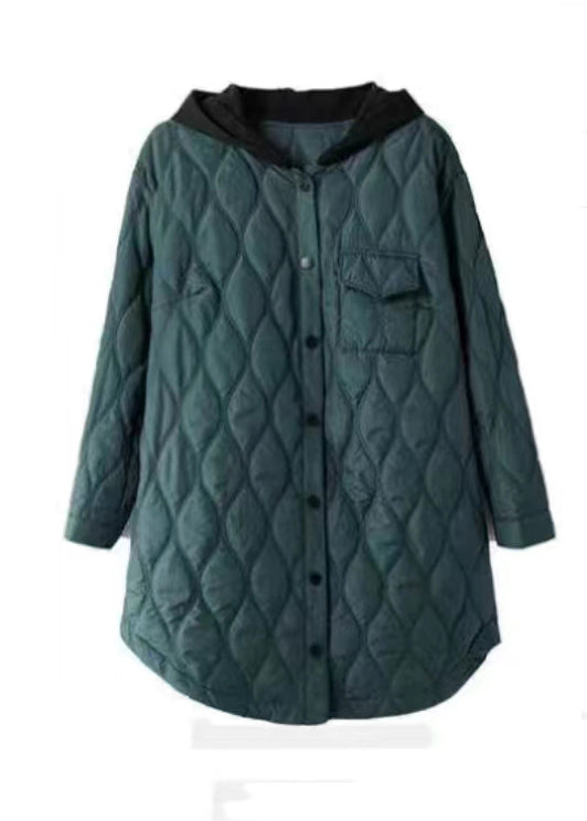 Peacock Green Hooded Pockets Cotton Filled Coats Winter