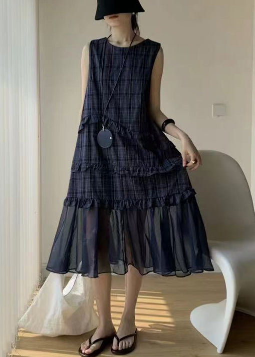 Navy Ruffled Tulle Patchwork Cotton Long Dress Sleeveless