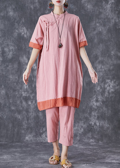 Pink Patchwork Lace Up Linen Dress and Pants Two Pieces Set Summer
