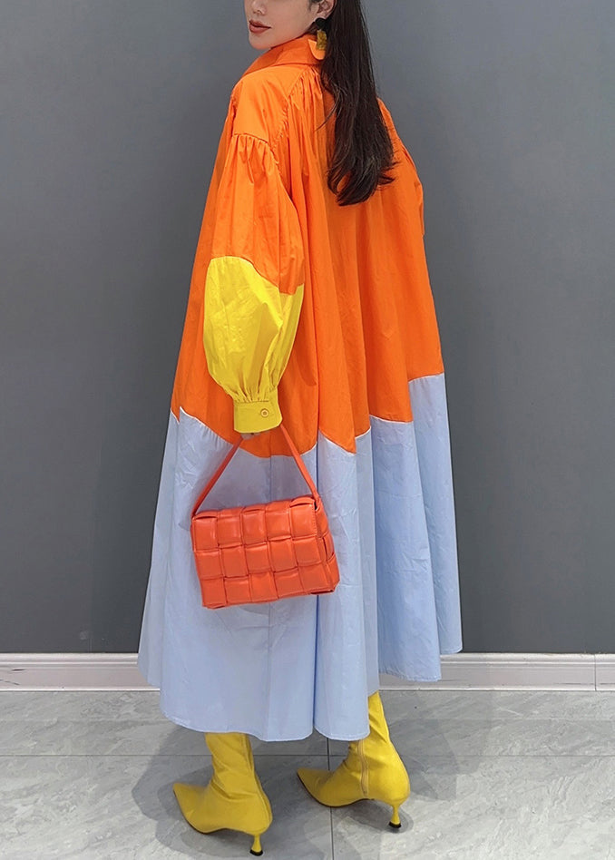 Orange Button Patchwork Cotton Blouses Dresses Long Sleeve