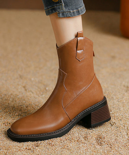 Brown Boots Chunky Faux Leather Splicing Zippered