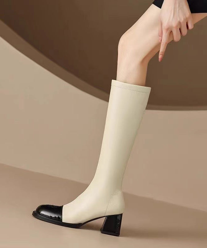 Beige Cowhide Leather Splicing Chunky Heel Boots