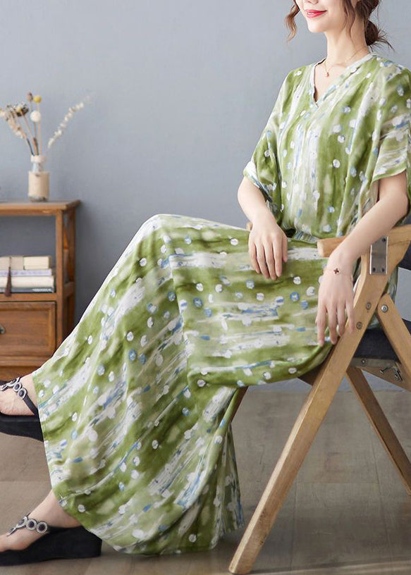Green V Neck Print Linen Long Dress Summer