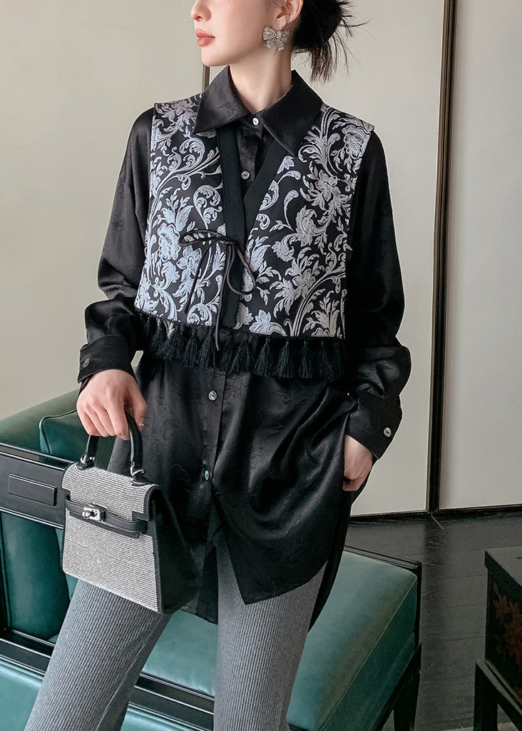 Black V Neck Print Tie Waist Waistcoat Spring