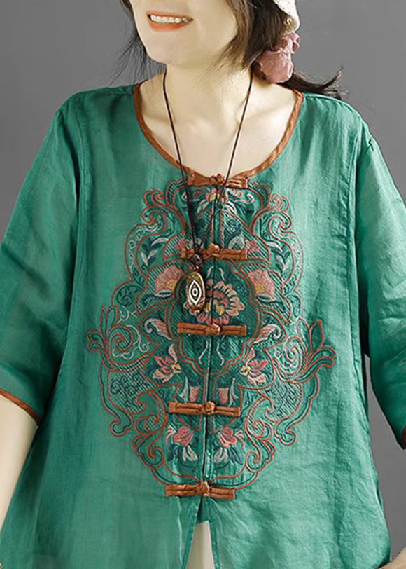 Green O-neck Embroideried Linen Shirt Top Summer