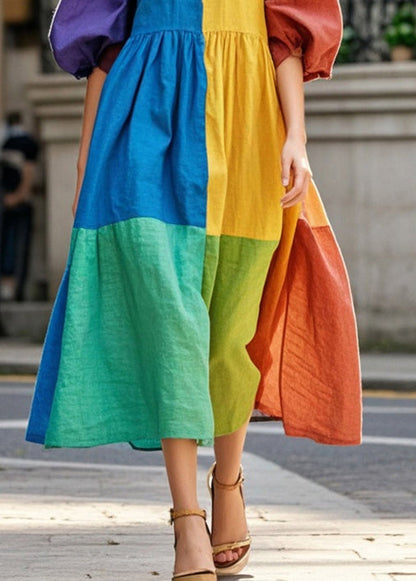 Diy Colorblock Patchwork Cotton Dress Oversized Half Sleeve