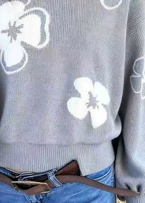 Loose Grey O Neck Knit Sweaters Lantern Sleeve