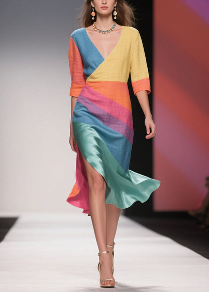 Colorblock Asymmetrical Side Open Linen Silk Dress Half Sleeve