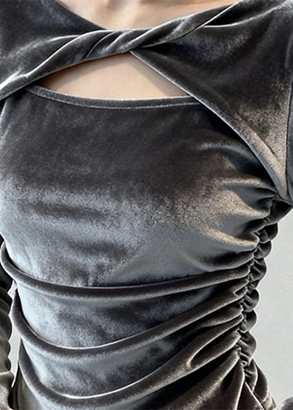 Grey Patchwork Hollow Out Silk Velour Tops Fall