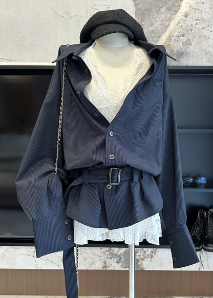 Striped Navy Peter Pan Collar Shirts and Lace Tank Cotton Two Pieces Set Fall
