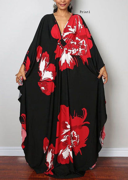 V Neck Print Cotton Long Robe Dress Summer