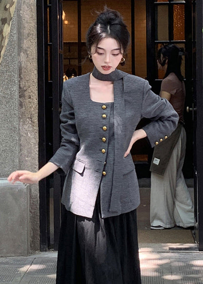 Grey Button Pockets Patchwork Cotton Coat Long Sleeve