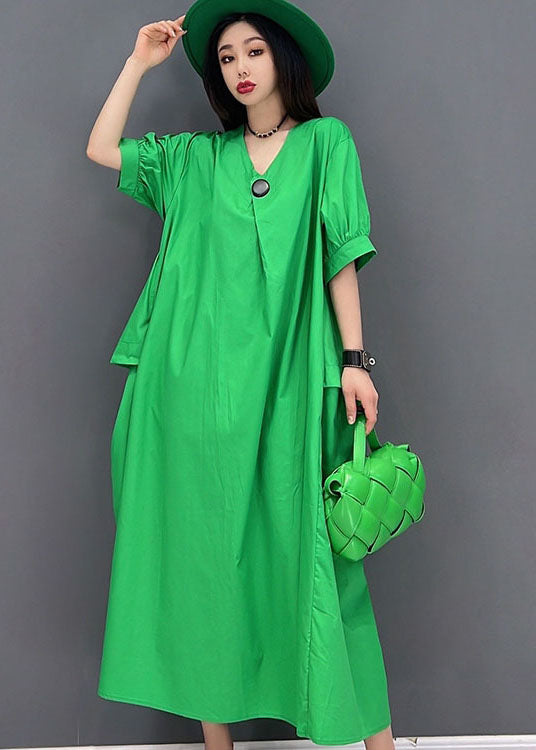 Green V Neck Big Pockets Cotton Maxi Dress Short Sleeve