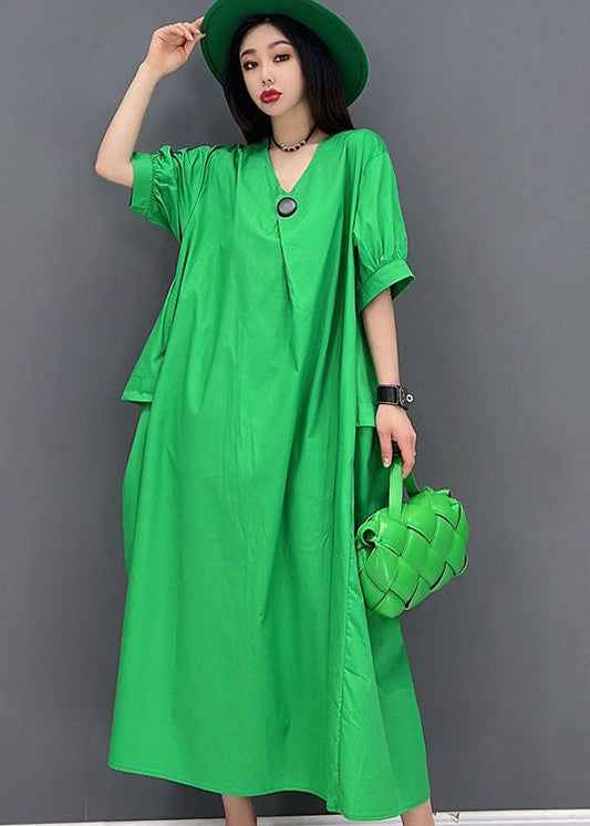 Green V Neck Big Pockets Cotton Maxi Dress Short Sleeve