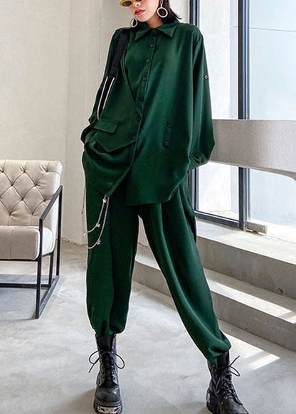 Modern Green Peter Pan Collar Button Asymmetrical Design Fall Two Piece Set