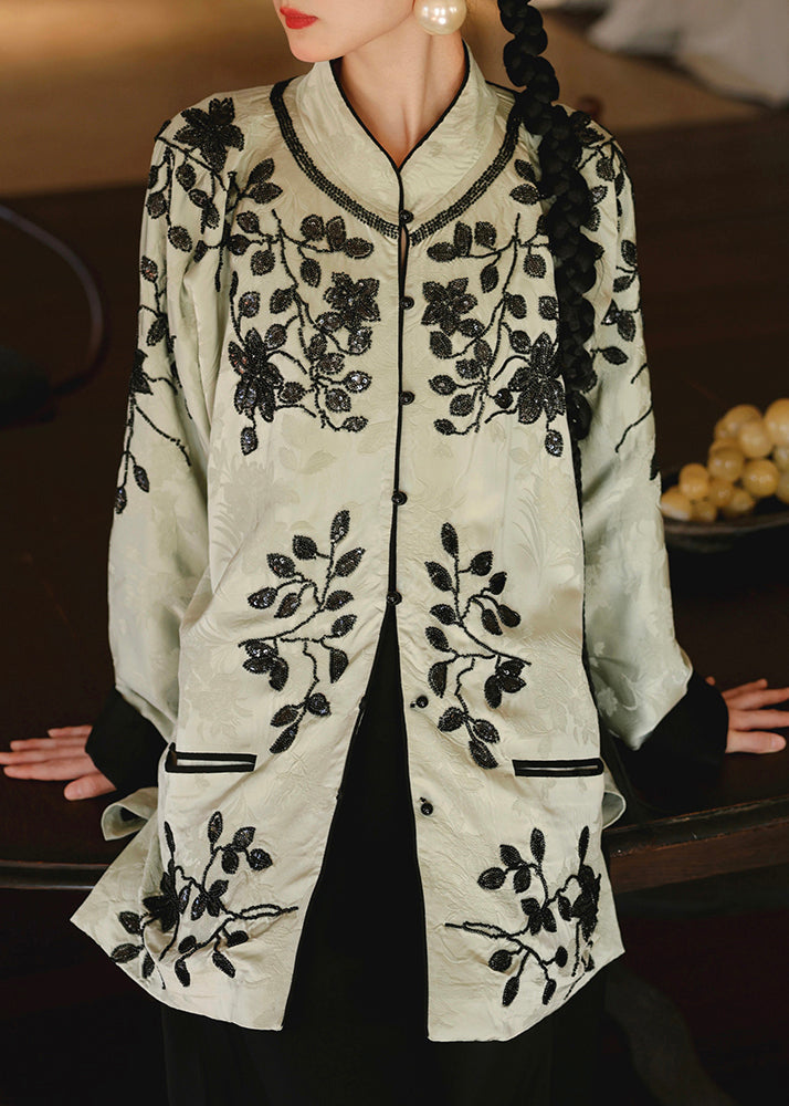 Original Stand Collar Embroideried Silk Two Piece Suit Set Fall