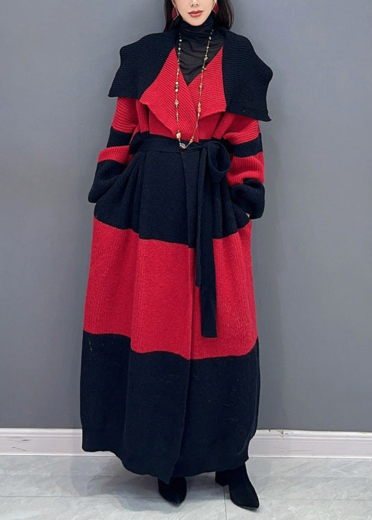 Loose White Tie Waist Pockets Patchwork Cotton Knit Long Trench Coat Spring