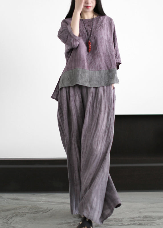 Boutique Purple Grey O-neck Wrinkled Patchwork Linen Two Pieces Set Half Sleeve