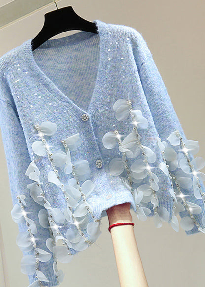 Blue V Neck Sequins Nail Bead Tassel Cotton Knit Sweater Tops Winter