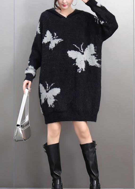 Black V Neck Thick Print Cotton Knit Sweaters Winter