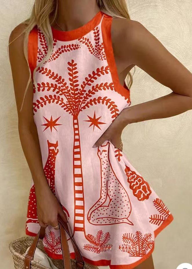 Print Linen a Line Mini Dress Sleeveless